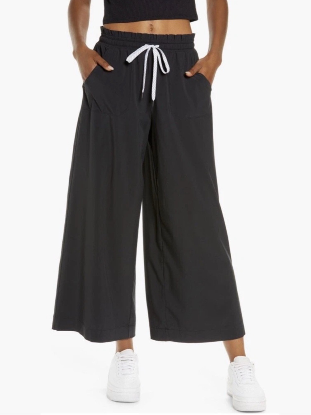 {Zella} "Getaway" Black High Rise Crop Relaxed Loose Baggy Wide Leg Pants WAP92